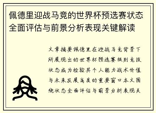 佩德里迎战马竞的世界杯预选赛状态全面评估与前景分析表现关键解读