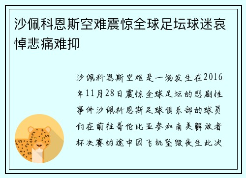 沙佩科恩斯空难震惊全球足坛球迷哀悼悲痛难抑 沙佩科恩斯空难震惊全球足坛球迷哀悼悲痛难抑
